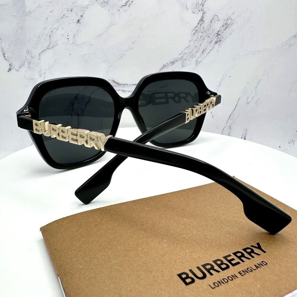 New Burberry Sunglasses Black Square Gold Metal Cut Out BURBERRY Logo Womens - Picture 6 of 16